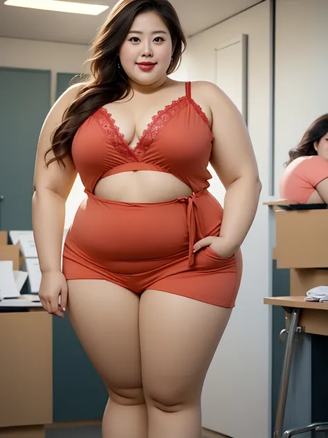 ((masterpiece))､((Realistic depiction))、High resolution、Obese、Solo figure、Japanese women、round face、Super big breasts、H Cup､Height: 175cm、fat girl、short hair､Red lingerie with lace、Wacoal underwear、Red expensive bra、Clear eyes、Thick lips、Expensive panties ...