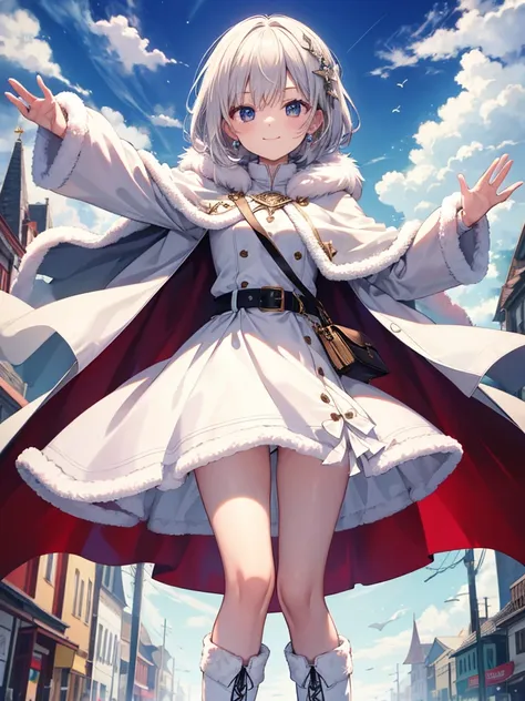 raise your arms,smile,surely_overgra,puppet, cape, dress, short dress, long sleeve, jewelry, boots, belt, white cape, white foot...