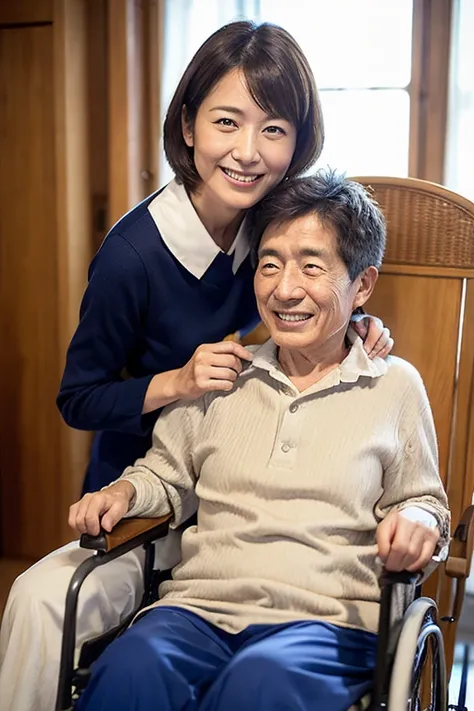 Highest quality、Masterpiece、Real Photo、Realistic、A 55-year-old Japanese woman cares for a 120-year-old man in a wheelchair、Smiling caregiver providing care、Sweat、Very detailed、Natural light、Short Hair、Detailed face and skin、Realistic eyes、Realistic hands