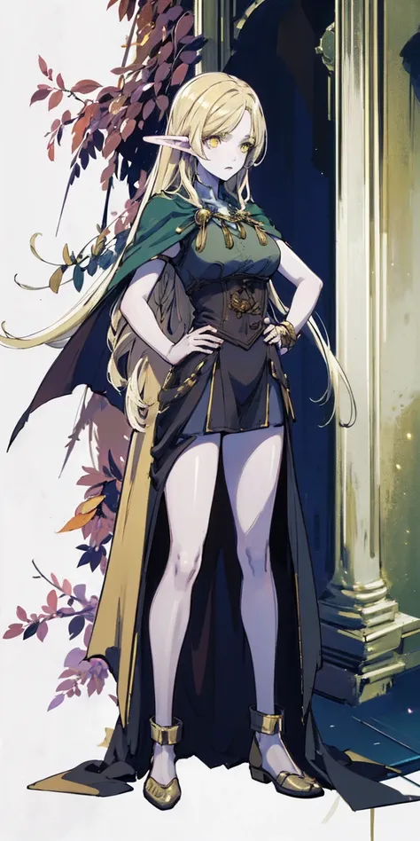 masterpiece, best quality, high quality, Erwin, elf, long hair, pale hair, yellow eyes, purple skin, deep blue cape with golden ornaments (1solofemale full body standing straight symmetrical, hands on hips)