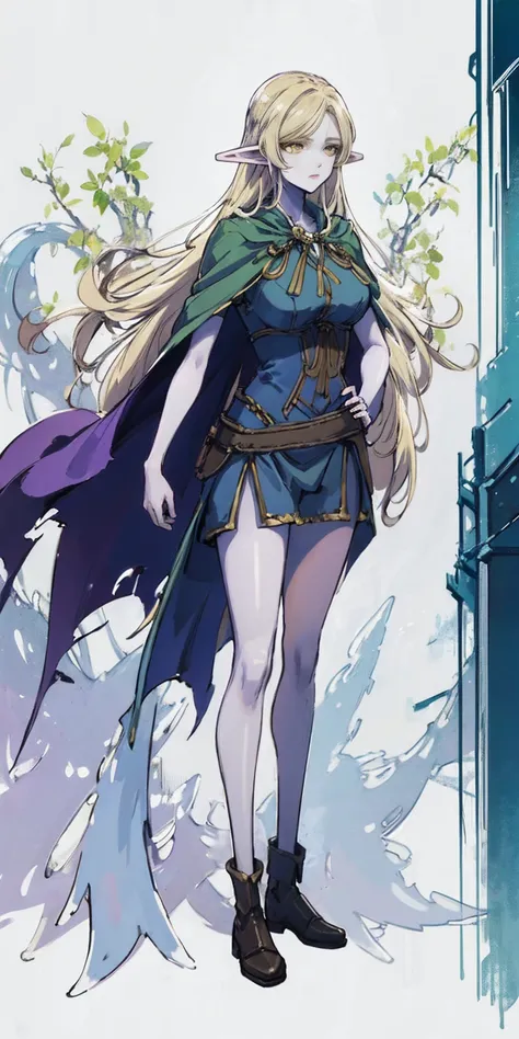 masterpiece, best quality, high quality, Erwin, elf, long hair, pale hair, yellow eyes, purple skin, deep blue cape with golden ornaments (1solofemale full body standing straight symmetrical, hands on hips)