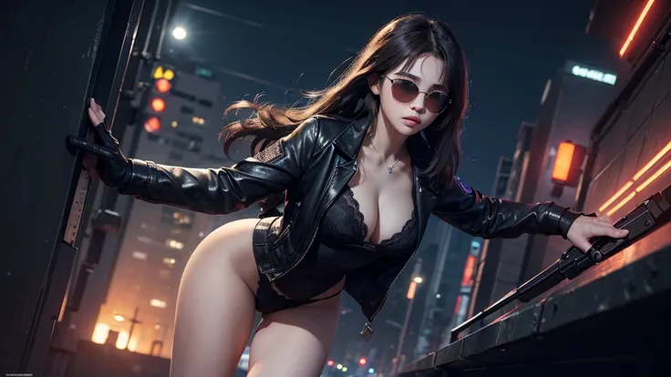 (((Masterpiece))), best quality, ultra-detailed CG unity 8k wallpaper, cyber city, tokyo, big future city at night. (1girl, solo, alone), large-breast:1.2 slim:0.7 body, long:0.7 hair, cleavage:1.1, sexy micro laced lingerie with jacket, (black sunglasses)...