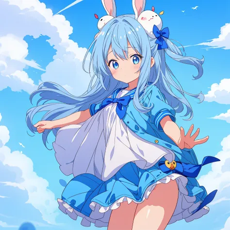 1girl,anime、A little kid wearing a blue rabbit costume、Cute pose