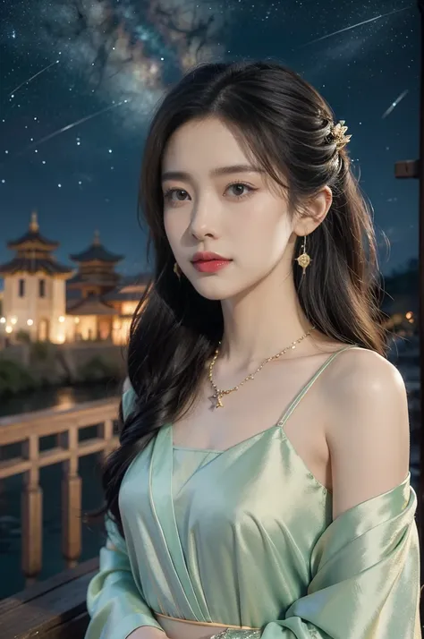 (((best quality))),(((ultra detailed))),(((masterpiece))),illustration,((1 beautiful girl,solo)),(shoulder length straight hair:1.2),((earrings,necklace)),((slim,thin)),((small breasts,flat chest)),(gorgeous red sheer Hanfu:1.3),(standing:1.3),(on the ston...