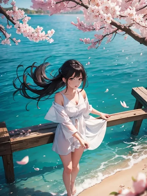 one girl,black hair, floating hair, seaside,景color,landscape,cherry blossoms, falling petals, sunbeam,god&#39;s rays,upper body,...