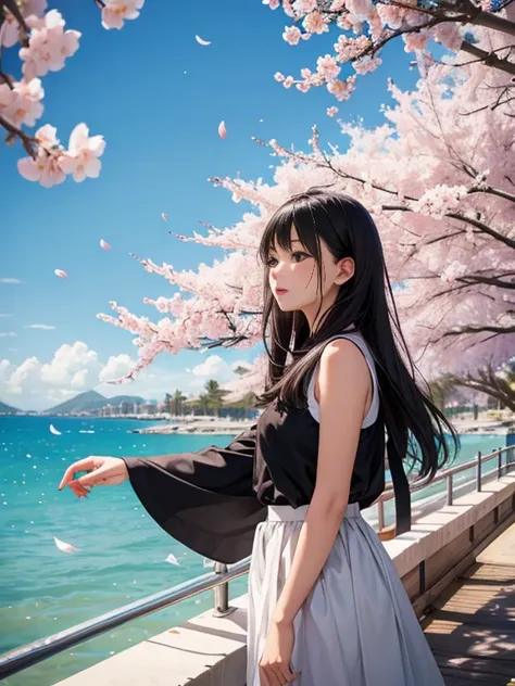 one girl,black hair, floating hair, seaside,景color,landscape,cherry blossoms, falling petals, sunbeam,god&#39;s rays,upper body,...