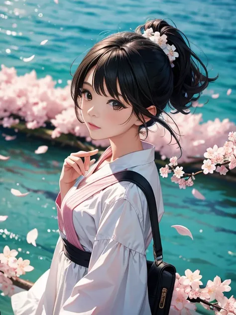 one girl,black hair, floating hair, seaside,景color,landscape,cherry blossoms, falling petals, sunbeam,god&#39;s rays,upper body,...