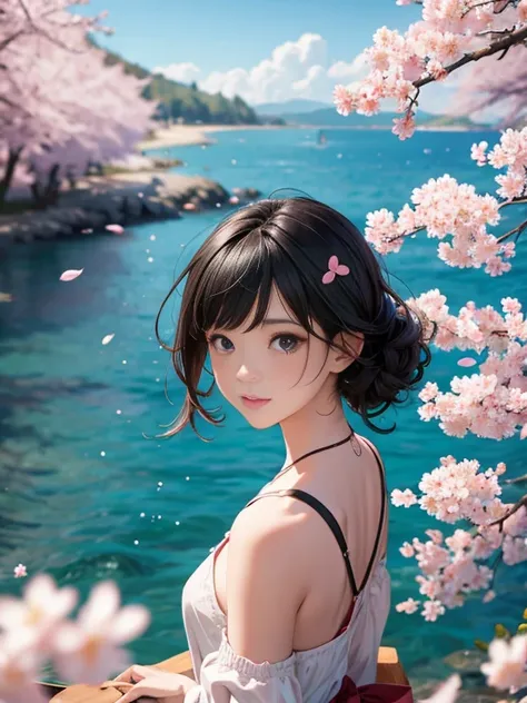 one girl,black hair, floating hair, seaside,景color,landscape,cherry blossoms, falling petals, sunbeam,god&#39;s rays,upper body,...