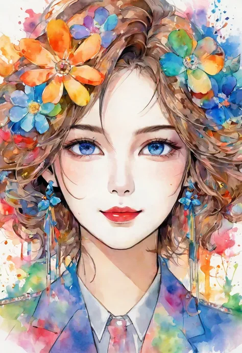 beautiful woman portrait, cute smile, Sylvia Pelissero watercolors, colorful flowers, beautiful eyes,  upper body, abstract art, intense watercolor, watercolor detailed art, watercolor splash, surreal, avant-garde pop art, Beautiful and expressive painting...