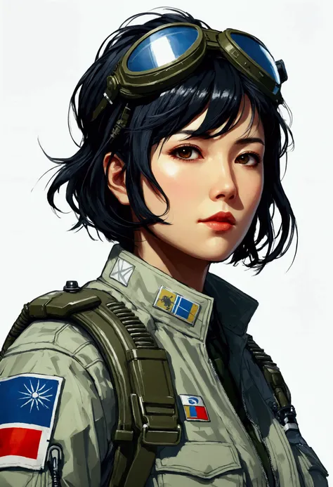 Female pilot、Short detailed hair、Japanese、Black Hair（treatment）、Multiple Concept Designs、Concept design sheet、White background、Yoji Shinkawa style、16-bit pixel art --s 750 --niji 5