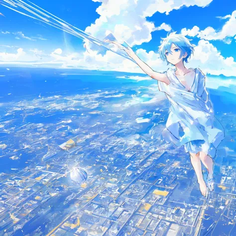 beautiful blue sky、a city floating in the sky、the boy looking up at it