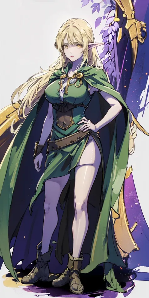 masterpiece, best quality, high quality, Erwin, elf, long hair, pale hair, yellow eyes, purple skin, deep blue cape with golden ornaments (1solofemale full body standing straight symmetrical, hands on hips)