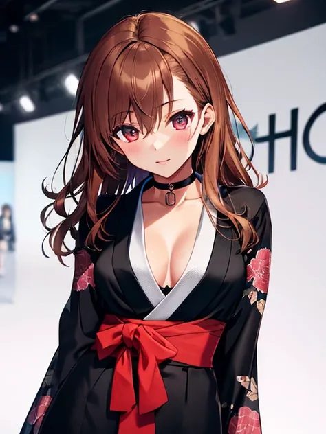 Long-sleeved kimono, Runway, Fashion Model, Misaka Mikoto, 1girl, black choker, uhd, retina, masterpiece, ccurate, anatomically correct, textured skin, super detail, high details, high quality, best quality, highres, 4K