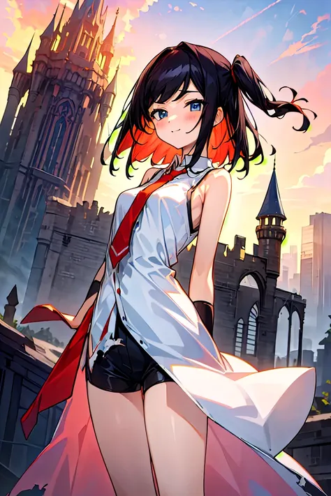 (masterpiece:1.2), (high quality:1.2), girls with((1girl, solo, black hair, blue eyes, smiling, blush, (medium hair, right swept bangs, one side up:1.55), bare shoulders, blush, breasts, cowboy shot, white shirt, chinese shirt dress, white cheongsam, sleev...