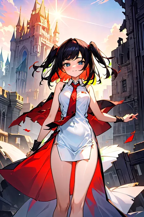 (masterpiece:1.2), (high quality:1.2), girls with((1girl, solo, black hair, blue eyes, smiling, blush, (medium hair, right swept bangs, one side up:1.55), bare shoulders, blush, breasts, cowboy shot, white shirt, chinese shirt dress, white cheongsam, sleev...