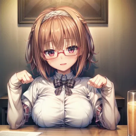 (Tabletop:1.0), (highest quality:1.4), (High resolution:1.2), From the side,Sharp contours,  boyish, highest quality, masterpiece,Glasses,Voice of the Heart,20-year-old woman,yandere,Big Breasts,Chest to chest,Upper Body,Ecstasy,blush,Squint your eyes,Tuck...