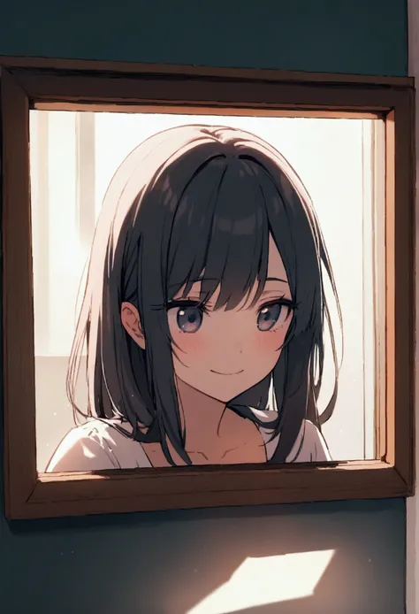 manga Frame 3 Image: Carina looking at her reflection in the bathroom mirror, expression of melancholy.
texto: "You no longer know what it&#39;s like to smile..."