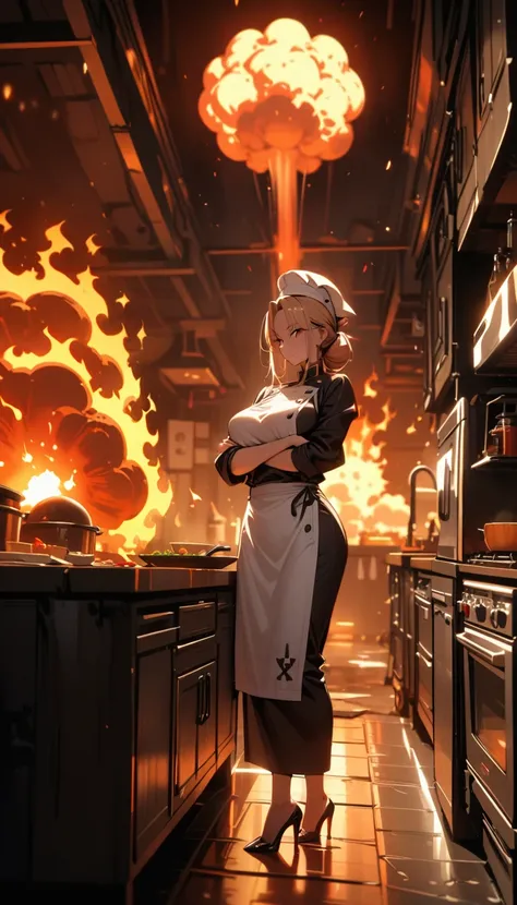 ((best quality)) , ((masterpiece)) , (detailed)，1 female，(((beautiful detailed glow,((flames of war)),(((nuclear explosion behide))))))，kitchen，Female chef，High heel，((whole body))