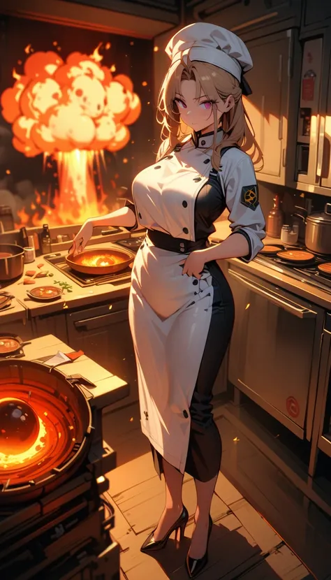 ((best quality)) , ((masterpiece)) , (detailed)，1 female，(((beautiful detailed glow,((flames of war)),(((nuclear explosion behide))))))，kitchen，Female chef，High heel，((whole body))