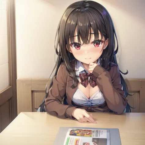 (Tabletop:1.0), (highest quality:1.4), (High resolution:1.2), From the side,Sharp contours,  boyish, highest quality, masterpiece,Glasses,Voice of the Heart,20-year-old woman,yandere,Big Breasts,Chest to chest,Upper Body,Ecstasy,blush,Squint your eyes,Tuck...