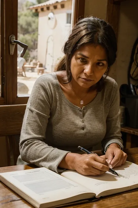 I want you to design, 40-year-old rural woman, lives in adobe house, sitting next to a table; on the table there is a mini laptop, notebook and pencil. He doesn&#39;t have a hat, she is not mexican, she is not peruvian, It is not Bolivian, It is not Europe...