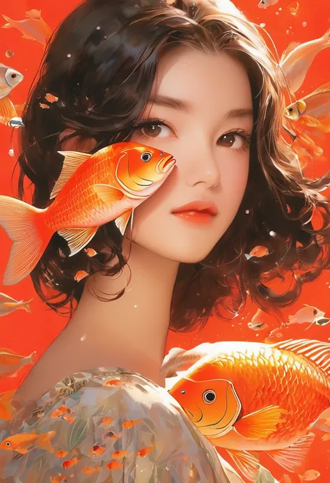 flat，Side face girl，Orange fish，Red background