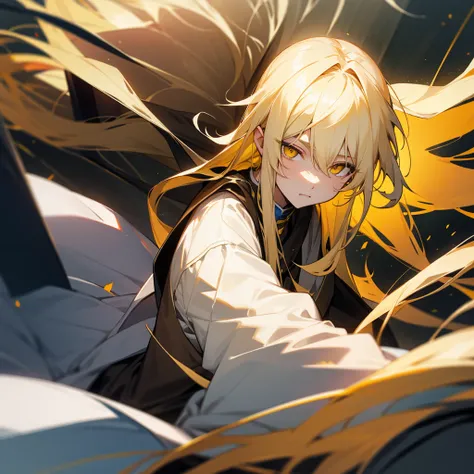 A long blond haired boy with yellow eyes