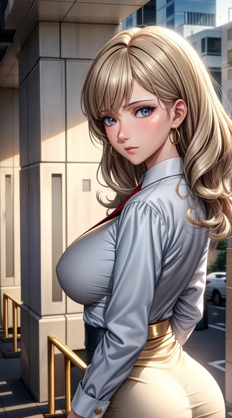 (best qualityer:1.5, high resolution, ultra HD, 4K, Detailed lighting, shaders), ( high quality eyes), ( high quality fingers), gray curly hair, gradient hair, breasts big, gold suit, translucent shirt dress shirt, white short skirt, mature woman , (ass po...