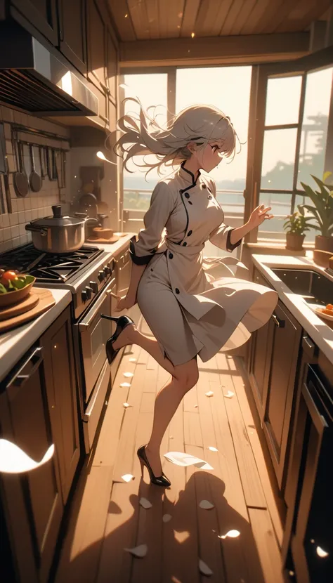 ((best quality)) , ((masterpiece)) , (detailed)，1 female，((breeze)), flying splashes, flying petals, wind，kitchen，Female chef，High heel，((whole body))