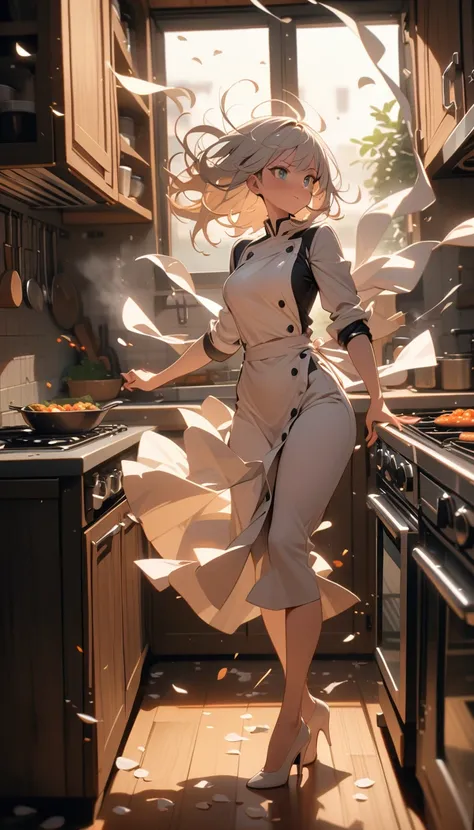 ((best quality)) , ((masterpiece)) , (detailed)，1 female，((breeze)), flying splashes, flying petals, wind，kitchen，Female chef，High heel，((whole body))