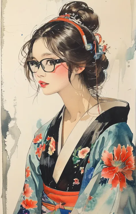 A woman in a kimono、Simple back、Black glasses（Watercolor）（Blurred outline）（Vibrant colors）（Very delicate lines）（masterpiece）（A fantastic atmosphere）（Very high quality）（Three-dimensional painting）The Style of Kawanabe Kyosai