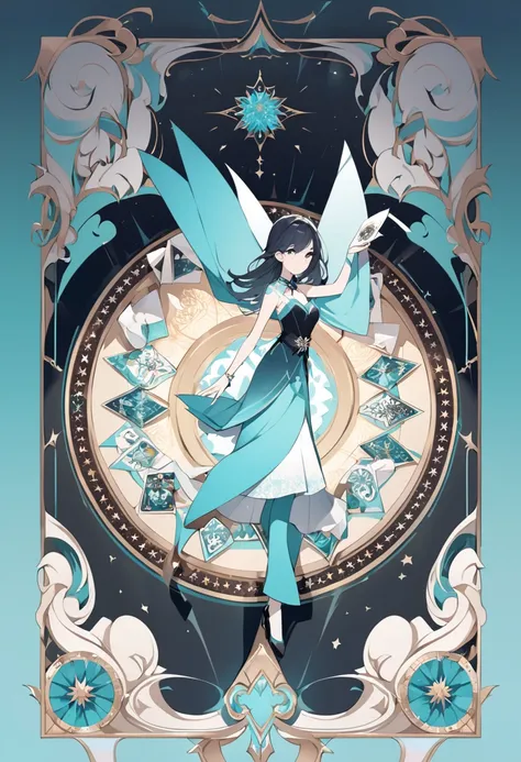 all Tiffany Blue, beautiful woman and kaleidoscope, tarot card frame design, 2.5D, delicate and dynamic, fusion of paper cutting and shadow puppetry, shading, gradation, artwork