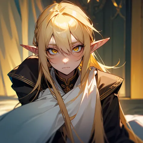 A long blond haired elf boy with yellow eyes