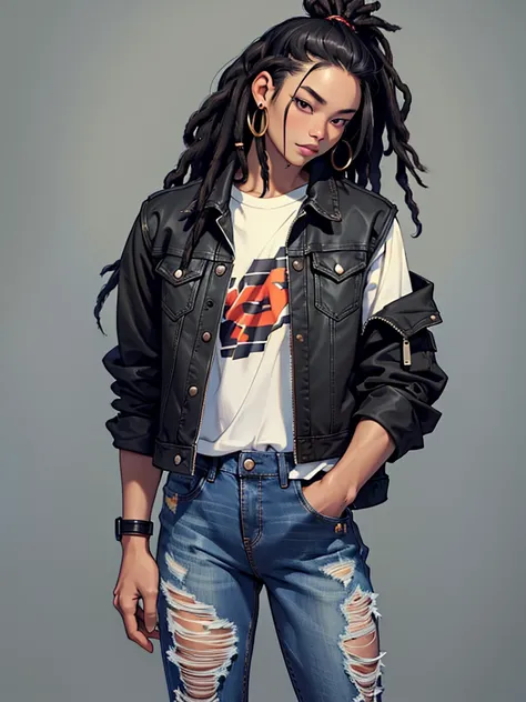 (intricate detailed portrait of an Asian-American woman with short black dreads, wearing a black jean jacket and ripped jeans, standing alone with light skin, best quality, masterpiece, top quality)