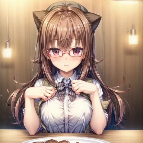 (Tabletop:1.0), (highest quality:1.4), (High resolution:1.2), From the side,Sharp contours,  boyish, highest quality, masterpiece,Glasses,Voice of the Heart,20-year-old woman,yandere,Big Breasts,Chest to chest,Upper Body,Ecstasy,blush,Squint your eyes,Tuck...