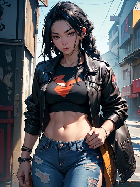 a beautiful asian-american woman with short black dreads,wearing black jean jacket and ripped jeans,detailed portrait,detailed skin,DD breasts,photorealistic,hyper detailed,masterpiece,award winning,cinematic lighting,dramatic shadows,vibrant colors,8k, ul...