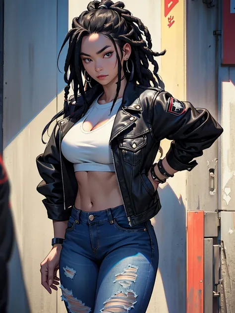 a beautiful asian-american woman with short black dreads,wearing black jean jacket and ripped jeans,detailed portrait,detailed skin,DD breasts,photorealistic,hyper detailed,masterpiece,award winning,cinematic lighting,dramatic shadows,vibrant colors,8k, ul...