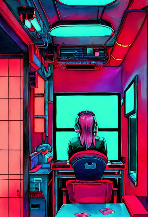 (zero), 10:16,Girl studying at table, Reading a book, Wear headphones, , night lighting, Neon scenery on a rainy day,Analog Color Theme, Lo-fi hip hop , review, flat, 2.5D ,Draw a line, Ink painting, Large slope, Watercolor, Goosh Colors, Studio Ghibli Sty...