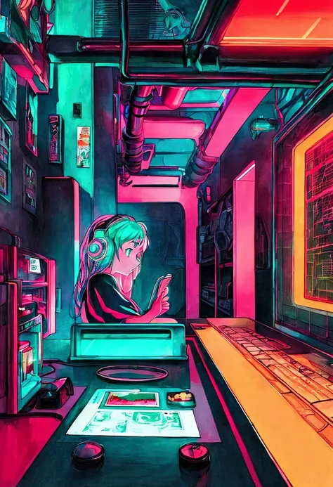 (zero), 10:16,Girl studying at table, Reading a book, Wear headphones, , night lighting, Neon scenery on a rainy day,Analog Color Theme, Lo-fi hip hop , review, flat, 2.5D ,Draw a line, Ink painting, Large slope, Watercolor, Goosh Colors, Studio Ghibli Sty...