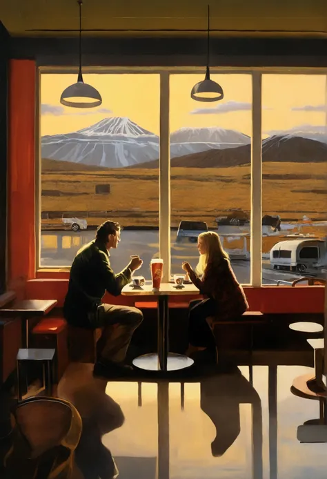 photorealism, a photograph of a man and a woman in an Icelandic cafe, cups of coffee, a cheeseburger, many other details filling the space around, against the backdrop of a window with a beautiful modern finish in which a volcano is flooded with evening li...