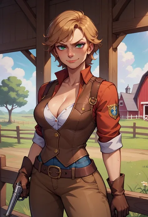 score_9, score_8_up, score_7_up, score_6_up, BREAK Sadie Adler, wearing cowboy outfit, brown leather gloves, medium breasts, evil smirk,holding revolver, sweating,on a farm, looking at viewer, cleavage