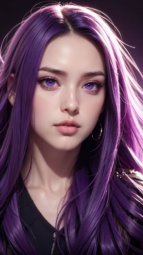 (32k) 16k, 8k, 4k, super fine face, small mouth, lip biting makeup, effeminate, purple hair, purple eyes, high resolution, perfect. portrait, symmetrical pose, from below