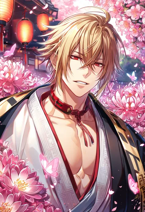 absurd resolution, high resolution, ultra detailed, detailed eyes, extremely detailed, HDR, 8K, Kazama Chikage, honey blonde hair, expressive red eyes, Hakuouki, solo, sexy man, handsome, black haori, white kimono, red collar, fantasy, cool, magical, pink ...