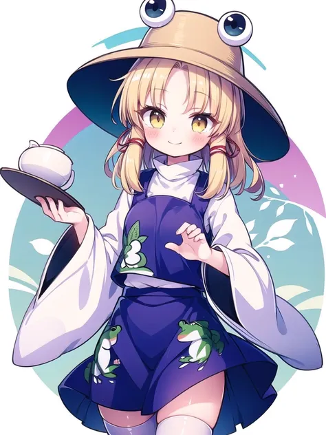 1girl, masterpiece, best quality, perfect hands, smile, blush, moriya suwako, frog print, hat, blonde hair, white shirt, purple skirt, white thighhighs, medium hair, yellow eyes, long sleeves, ribbon, hair ribbon, red ribbon, purple vest