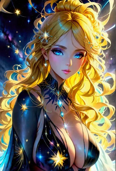 a glamour picture shot, of an elite model covered in stars, walking on a dark catwalk, an extraordinary glamourous elite female model, ((full body: 1.5)),  ((anatomically correct: 1.5), (ultra detailed face: 1.2), best detailed face, yrllow hair, long hair...