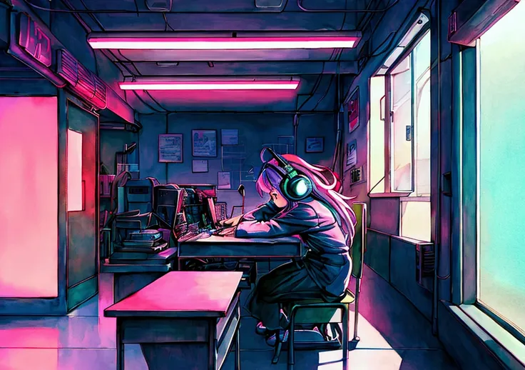 (zero), 10:16,Girl studying at desk, Reading a book, Wear headphones, , night lighting, Neon scenery on a rainy day,Analog Color Theme, Lo-fi hip hop , revue, flat, 2.5D ,Draw a line, Ink Painting, Large slope, watercolor, Goosh Colors, Studio Ghibli Style...