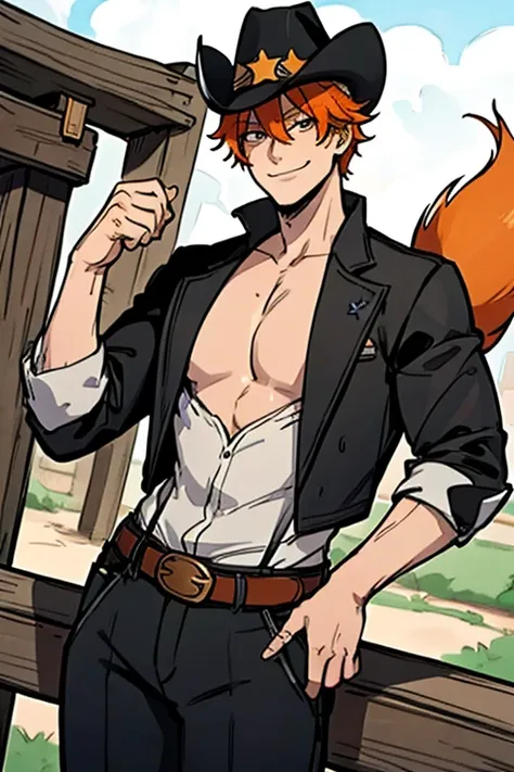 Perfect face. Perfect hands. An orange haired male cowboy with orange eyes and orange fox ears and an orange fox tail in a sheriffs outfit is leaning on a railing in a wild west town with a big smile
