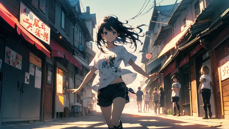 (Highest quality、masterpiece、High resolution、detailed)、(Shining Eyes、detailed美しい顔)、1 Girl、(T-Shirts,Shorts),smile,short boots,outskirts、Slope background、Beautiful Anime