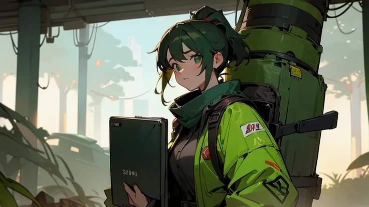 Tokyo, abandoned and green in the year 2200. A finely drawn background. A beautiful 30-year-old woman wearing goggles and carrying a backpack.