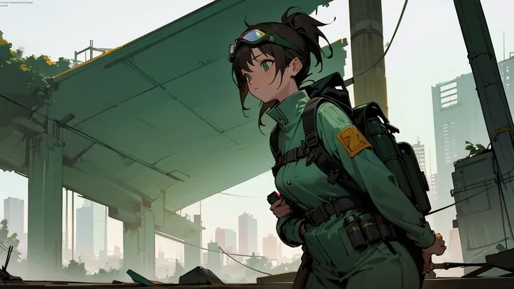 Tokyo, abandoned and green in the year 2200. A finely drawn background. A beautiful 30-year-old woman wearing goggles and carrying a backpack.